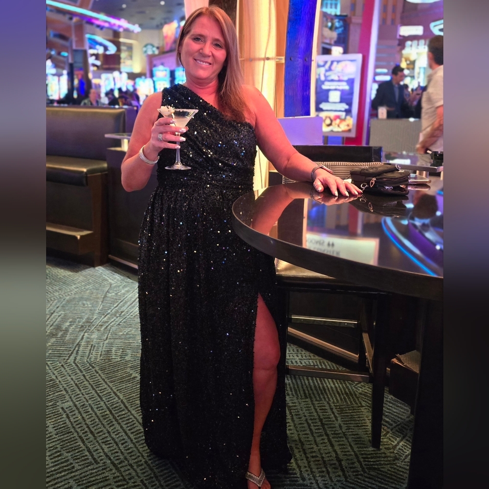Black one shoulder Seguin Gown